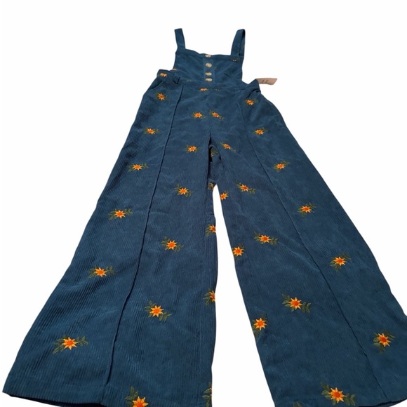 Women's Ditsy Floral Corduroy Jumpsuit Overalls w/Sunflower Embroidery-Size XS - Picture 7 of 13